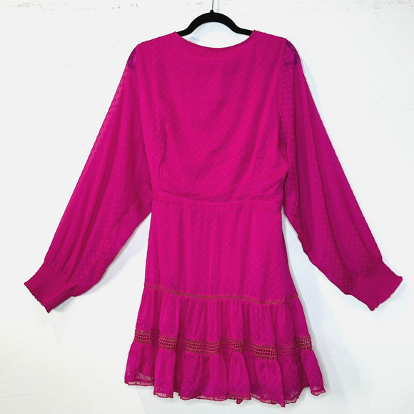 Not So Serious Anthro Swiss Dot Smocked Cuffs Wrap Mini Dress Pink Women XL NWT - Picture 6 of 12